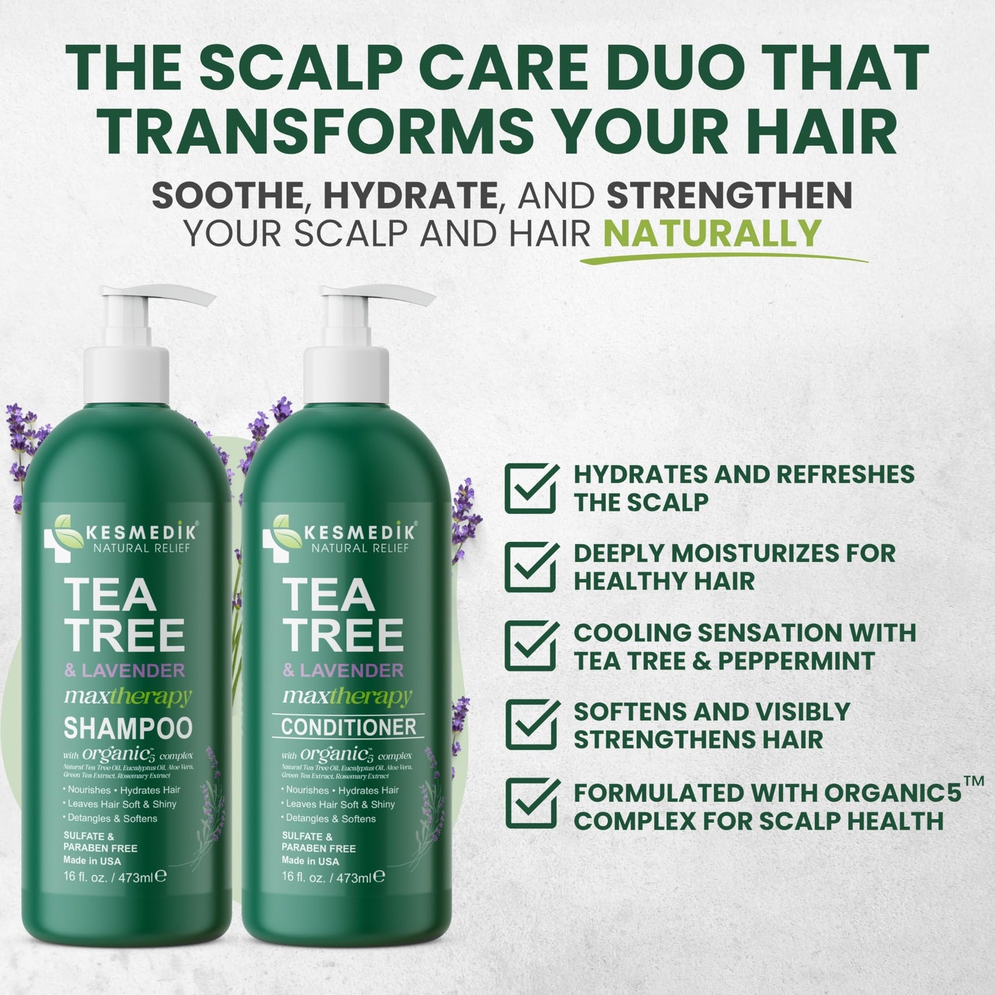 KESMEDIK Tea Tree Lavender Shampoo & Conditioner Set with Mint & Rosemary, Cleanses, Cools & Soothes Dry, Itchy Scalp, Sulfate & Paraben-Free, For All