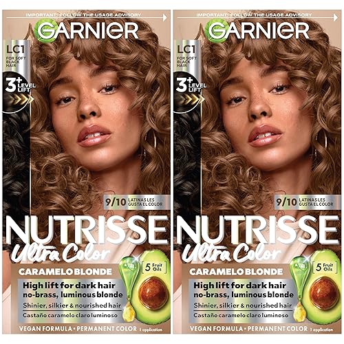 Garnier Nutrisse Ultra Color Nourishing Bold Permanent Hair Color Creme, LC1 Hi-Lift Light Brown (Salted Caramelo), Pack of 2, Hair Dye Kit for 8