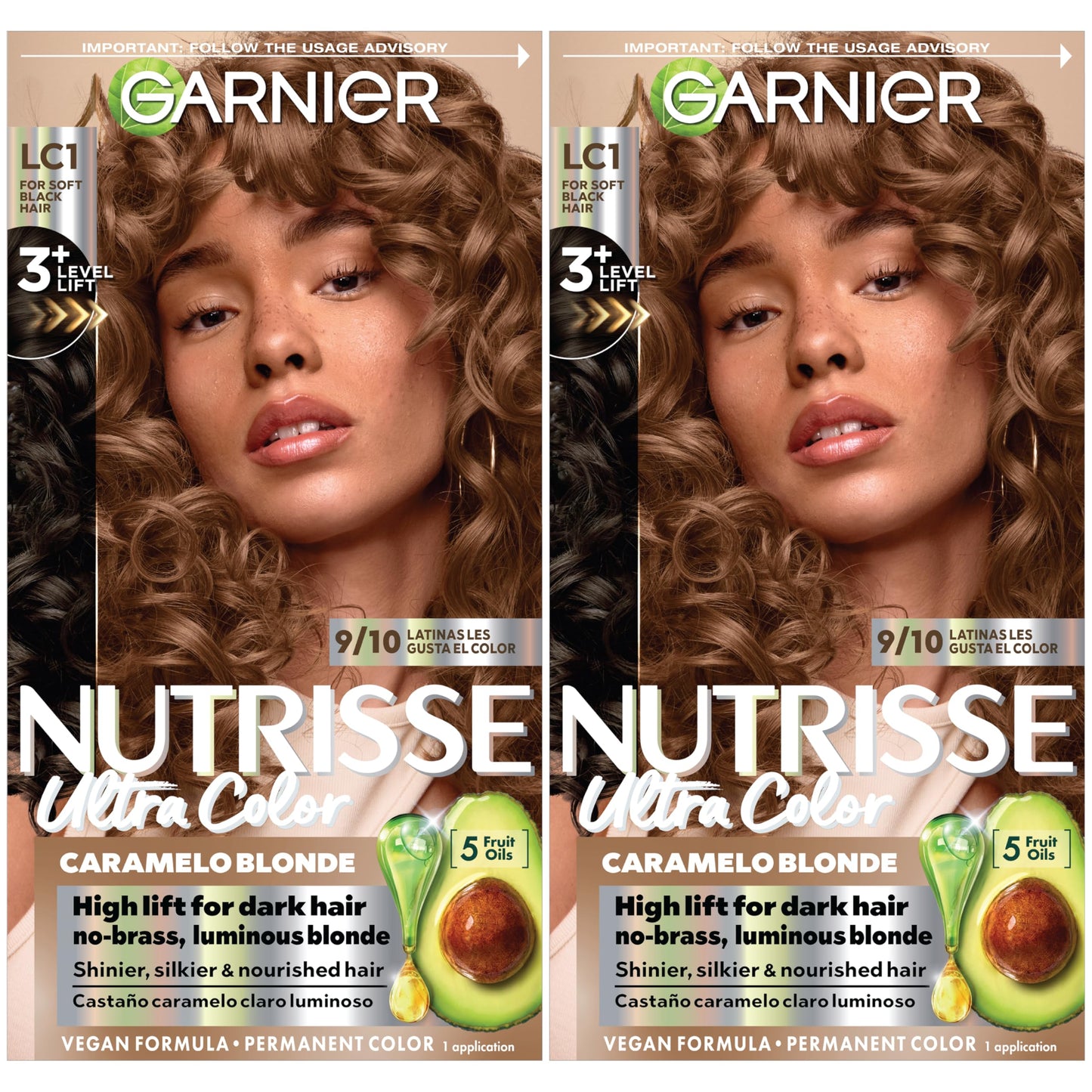 Garnier Nutrisse Ultra Color Nourishing Bold Permanent Hair Color Creme, LC1 Hi-Lift Light Brown (Salted Caramelo), Pack of 2, Hair Dye Kit for 8