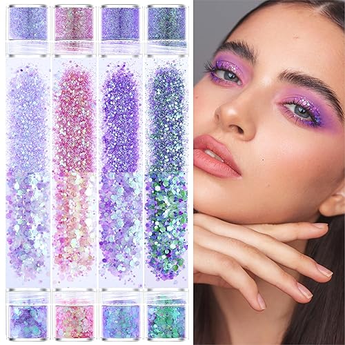GABOX 8-Jar Mermaid Purple Glitter Set, Holographic Fine Powder & 1mm & 2mm & 3mm Sequins Flakes Set for Cosmetic - Nail - Resin, Iridescent Art