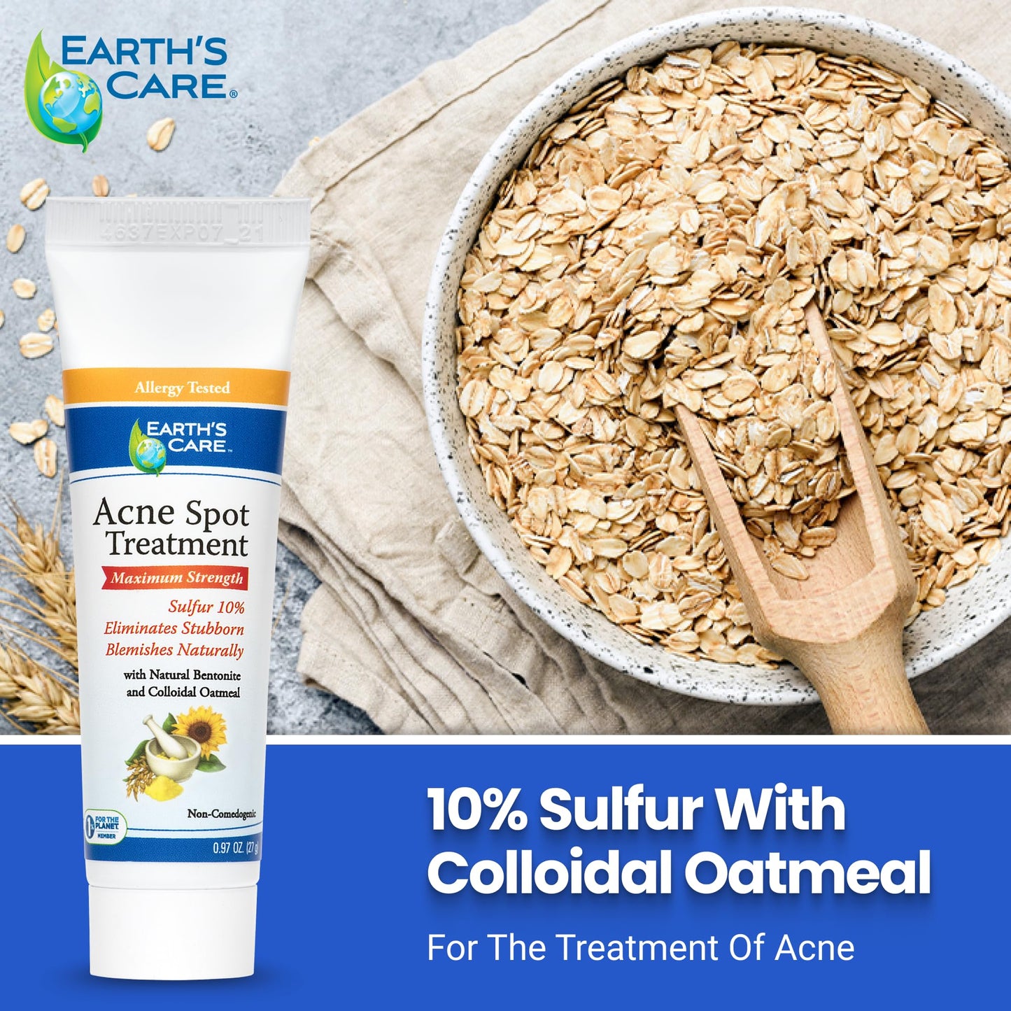 Earth's Care Acne Spot Treatment - 10% Sulfur Cream Medication to Clear Cystic Acne, Pimples and Blackheads on Face and Body (Tube 0.97 OZ)