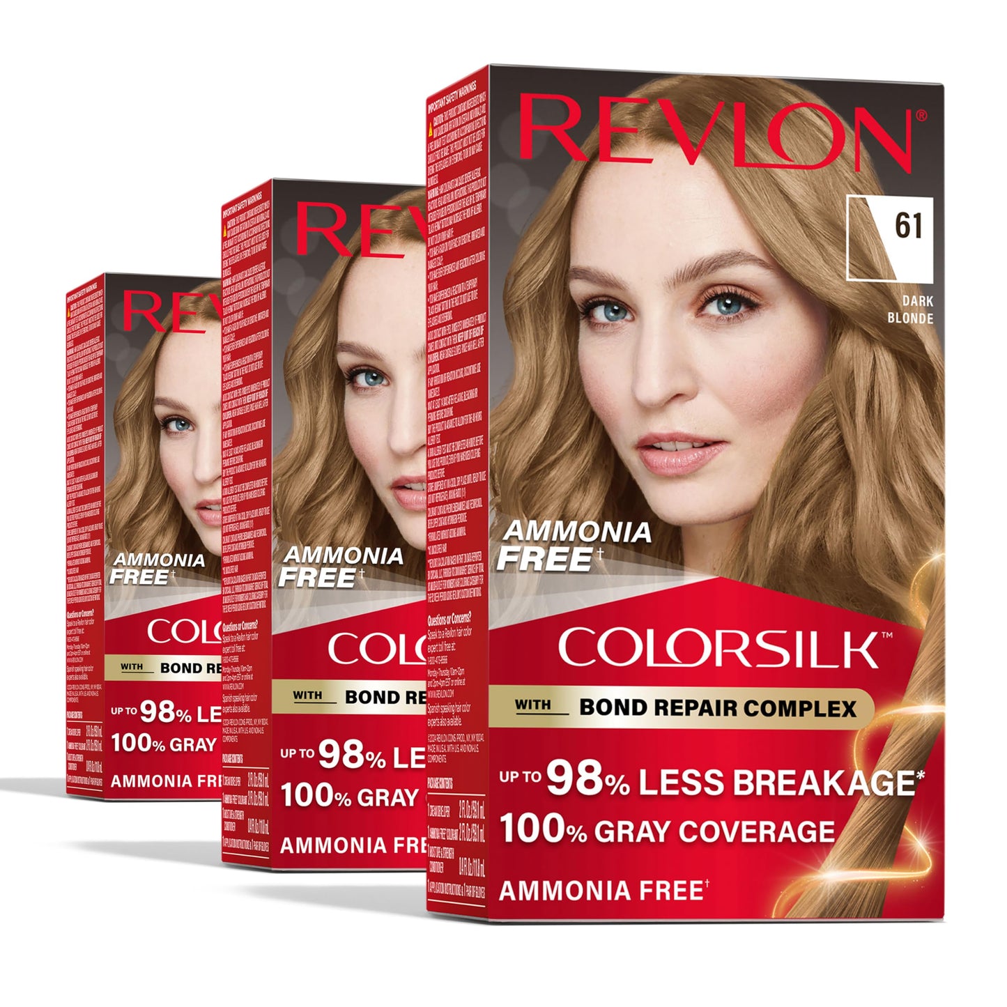 Revlon ColorSilk with Bond Repair Complex, Blonde Permanent Hair Color, 100% Gray Coverage, Ammonia Free Hair Dye, Vegan Keratin, 61 Dark Blonde (Pack