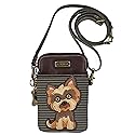 Chala Group Yorkshire Terrier Cellphone Crossbody Handbag - Convertible Strap Yorkie Mom, Brown Stripes, 5" x 7.5" x 1"