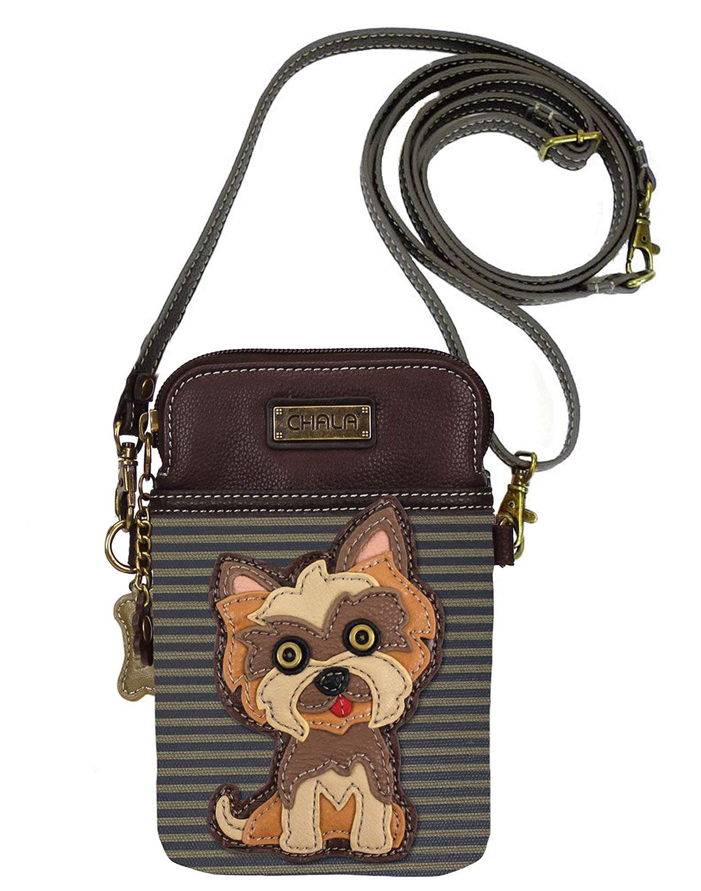 Chala Group Yorkshire Terrier Cellphone Crossbody Handbag - Convertible Strap Yorkie Mom, Brown Stripes, 5" x 7.5" x 1"