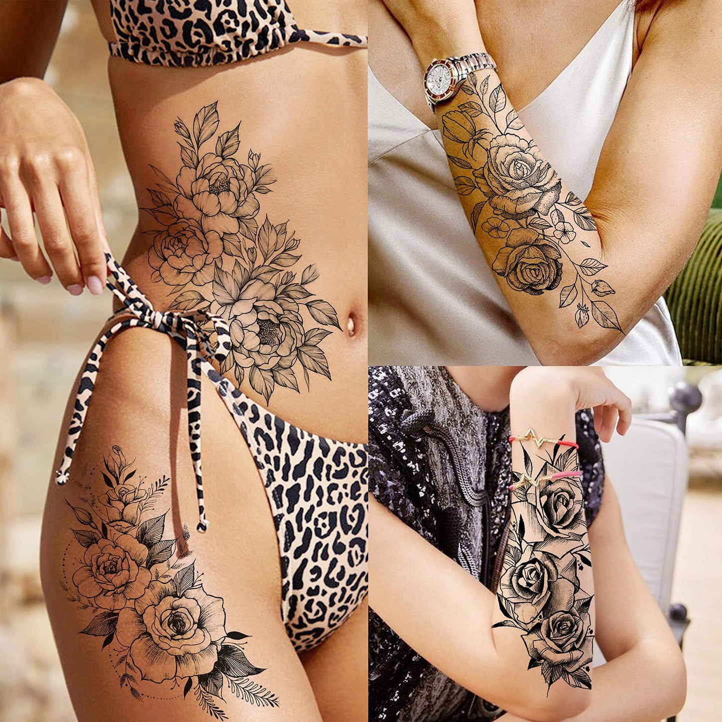 VANTATY 63 Sheets Realistic Black Rose Peony Flower Temporary Tattoos for Women Adults Body Art Arm, Snake Fake Floral Sketch Sleeve Tattoo Sticker Beauty and Personal Care VANTATY