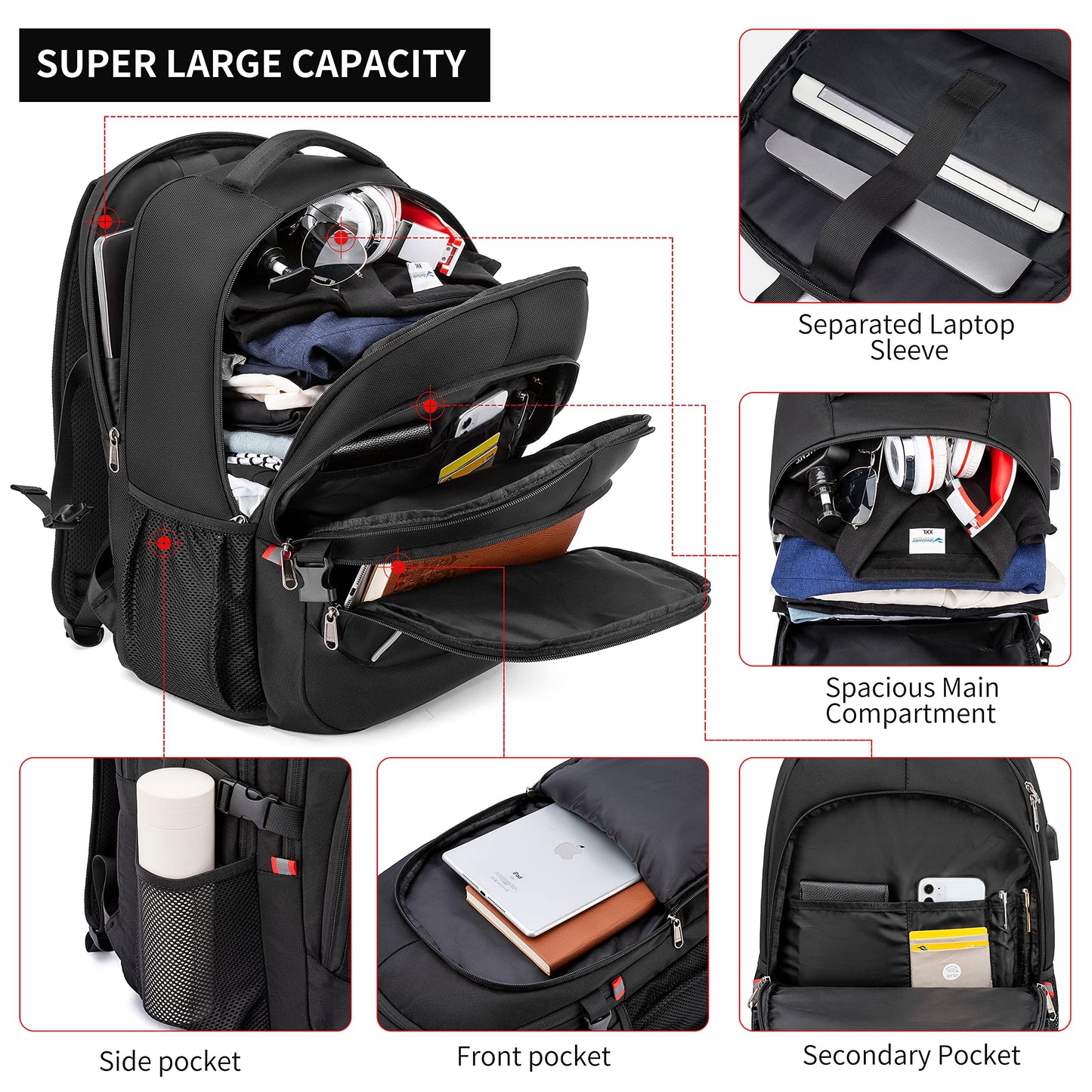 17.3 inch Laptop Backpack,School Bookbag Computer Rucksack with USB Charging Port,Water Resistant Sturdy Bagpack for Business College School Travel,Men Women Casual Daypack,Black