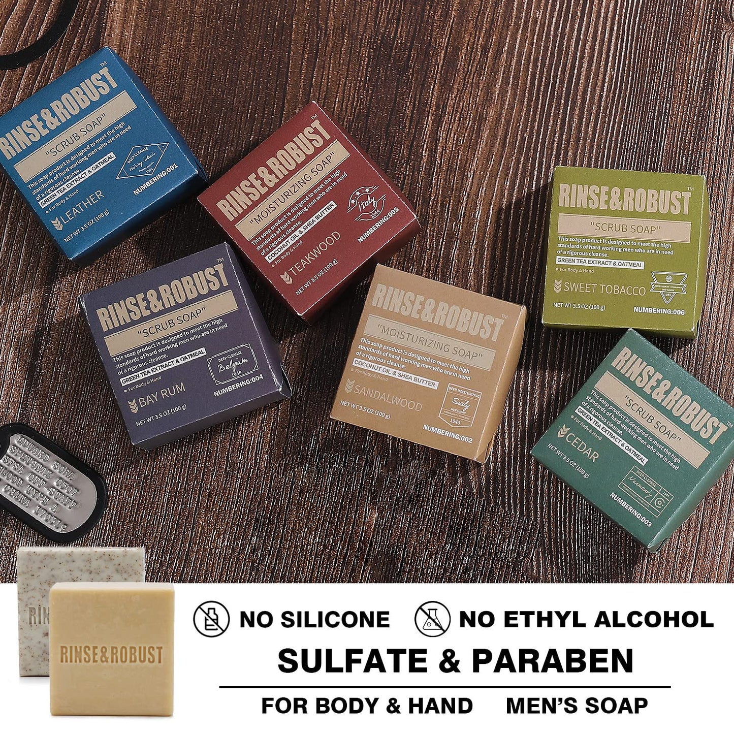 Rinse & Robust Mens Soap Bar Set 6Pcs Natural Cleansing Bar Soap Set Scrub Soap Gift for Men All Skin Type| 6 Different Scents |3.5 oz of 6 Bars