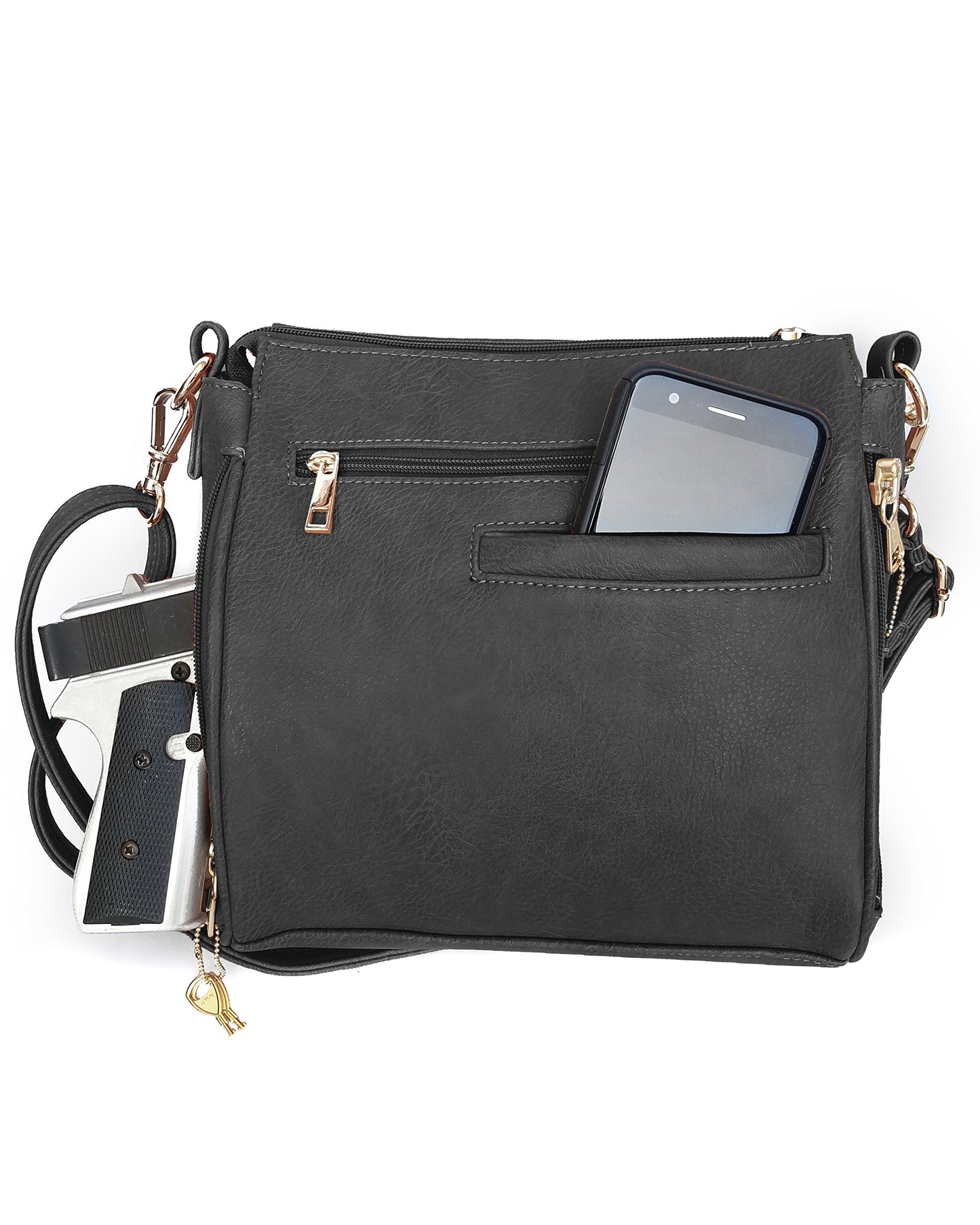 Roma Leathers Concealed Carry Cross Body Handbag - Premium Black Vegan Leather - Adjustable, Detachable, and Wire Reinforced Shoulder Strap - Front…