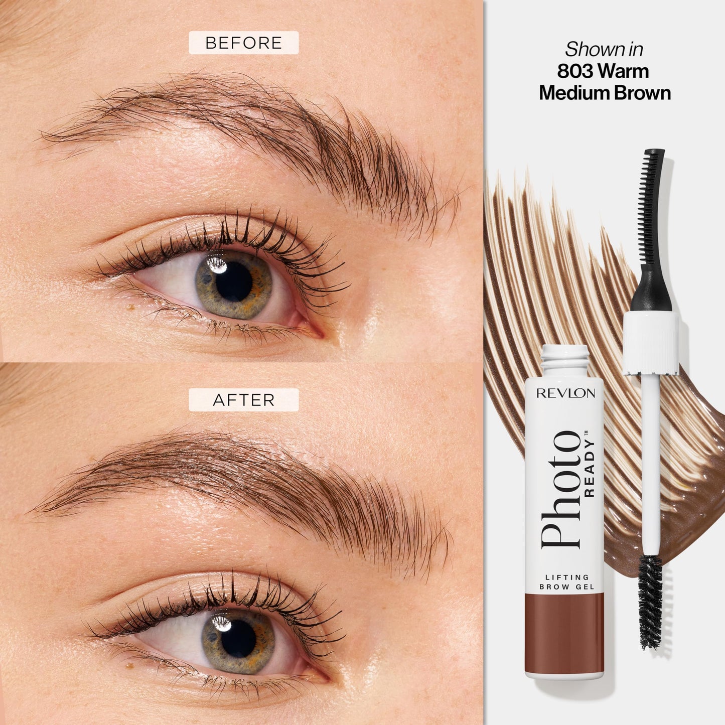 Revlon PhotoReady Lifting Brow Gel, Tinted Eyebrow Lamination with Spoolie Brush, Conditions, Shapes & Defines, 803 Warm Medium Brown, 0.23 fl oz