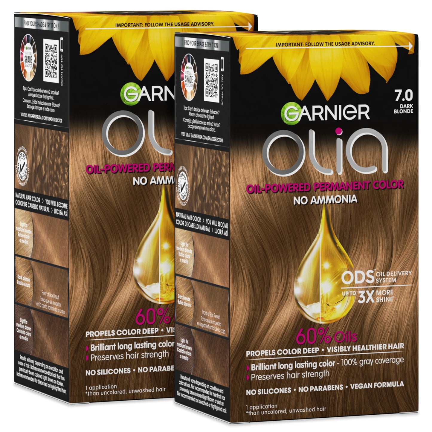 Garnier Olia Hair Color, Ammonia-Free Permanent Hair Dye, Oil-Powered Formula for 100% Gray Coverage and 3x Shinier Hair, Vegan & Cruelty Free, 7.0
