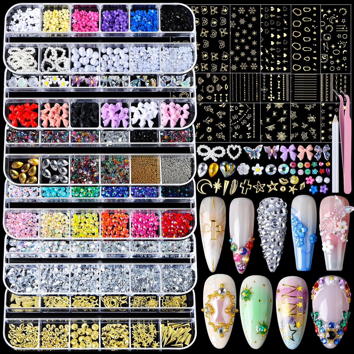 Teenitor Nail Charms Nail Gems with 15 Sheets Gold Nail Stickers, 6 Boxes of Rhinestones for Nails Art Tools, 3D Nail Decals Pearls for Nails Beauty and Personal Care Teenitor