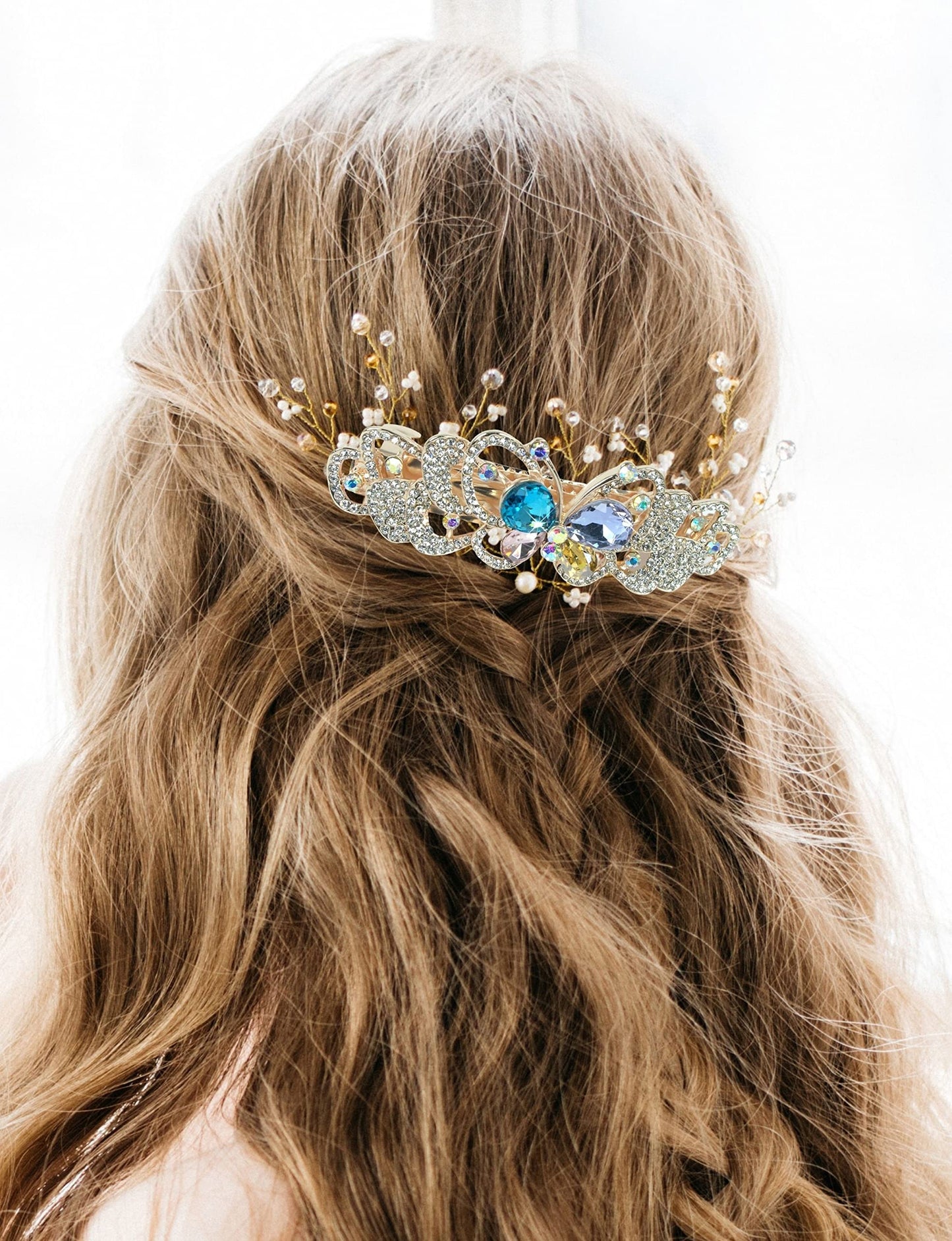 Butterfly Hair Barrettes - Jeweled Clips - Roses - Gold Metal with Rhinestones - Multi-Colored Jewels - 3.5" x 1.25" - Set of 2