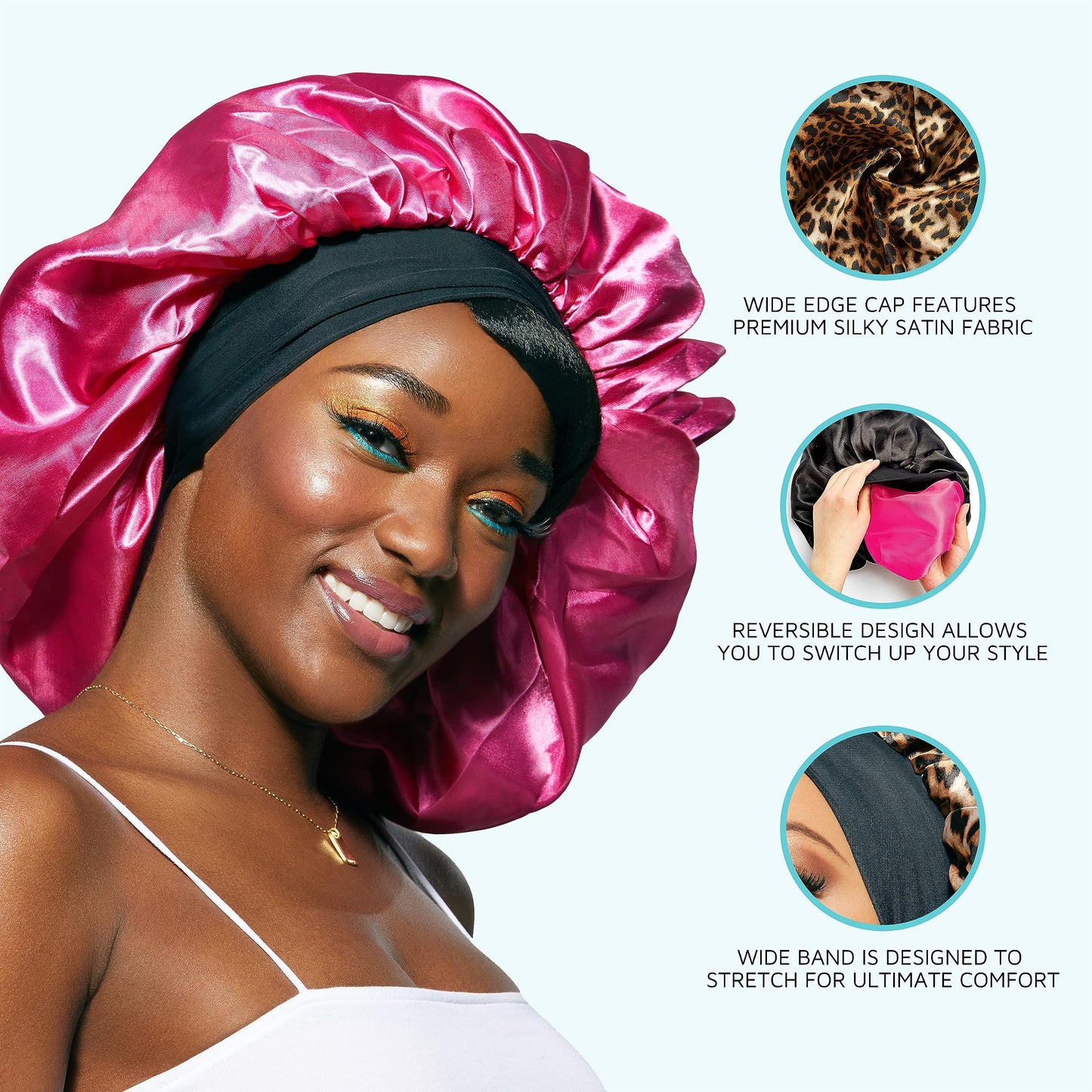 KISS Colors & Care Silky Satin Wide Edge Double Wear Cap XL, Black, Double Sided Reversible Design, Premium Charmeuse Fabric, Protects styles