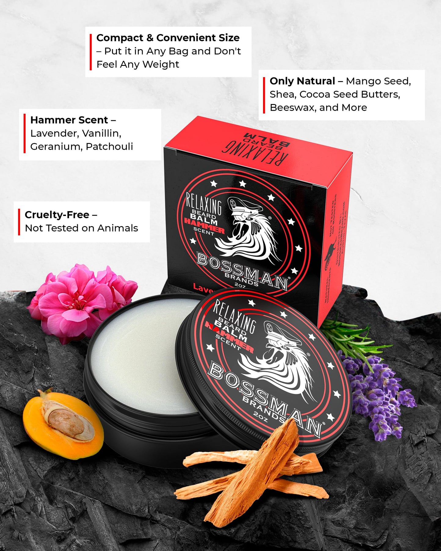 Bossman Relaxing Beard Balm - Beard Tamer, Relaxer, Thickener and Softener Cream - Made in USA (Hammer Scent)