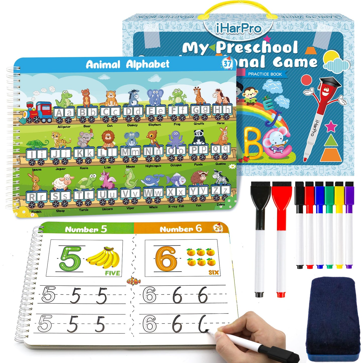 Handwriting Practice Book for Kids – 40-Page Montessori Learning Workbook for Letters, Numbers, Shapes & Sight Words with 8 Dry Erase Markers