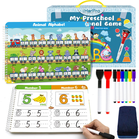 Handwriting Practice Book for Kids – 40-Page Montessori Learning Workbook for Letters, Numbers, Shapes & Sight Words with 8 Dry Erase Markers