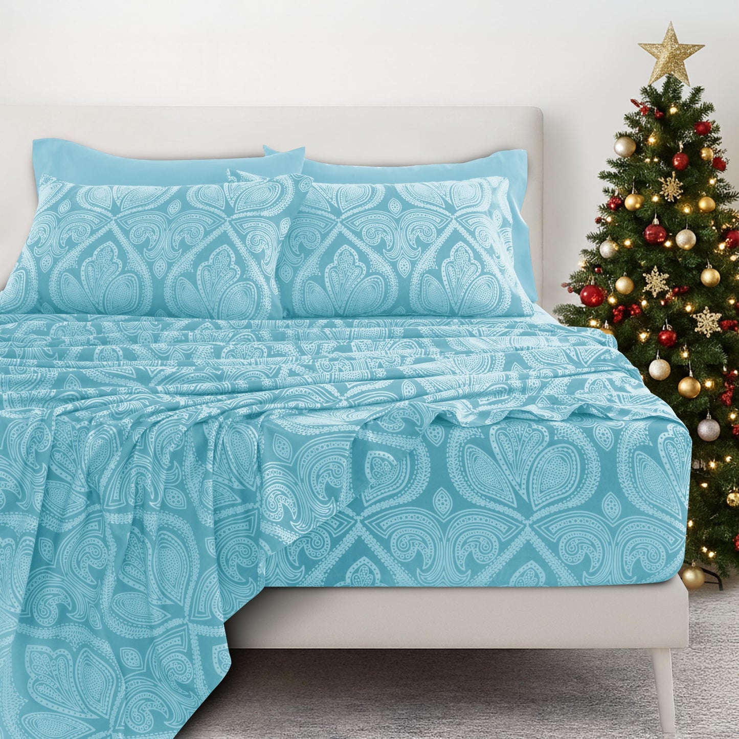 LUX Décor Paisley King Sheet Set - 6 Piece Ultra-Soft Microfiber Bed Sheets with Flat Sheet, 16 Inches Deep Pocket Fitted Sheet & 4 Pillowcases,