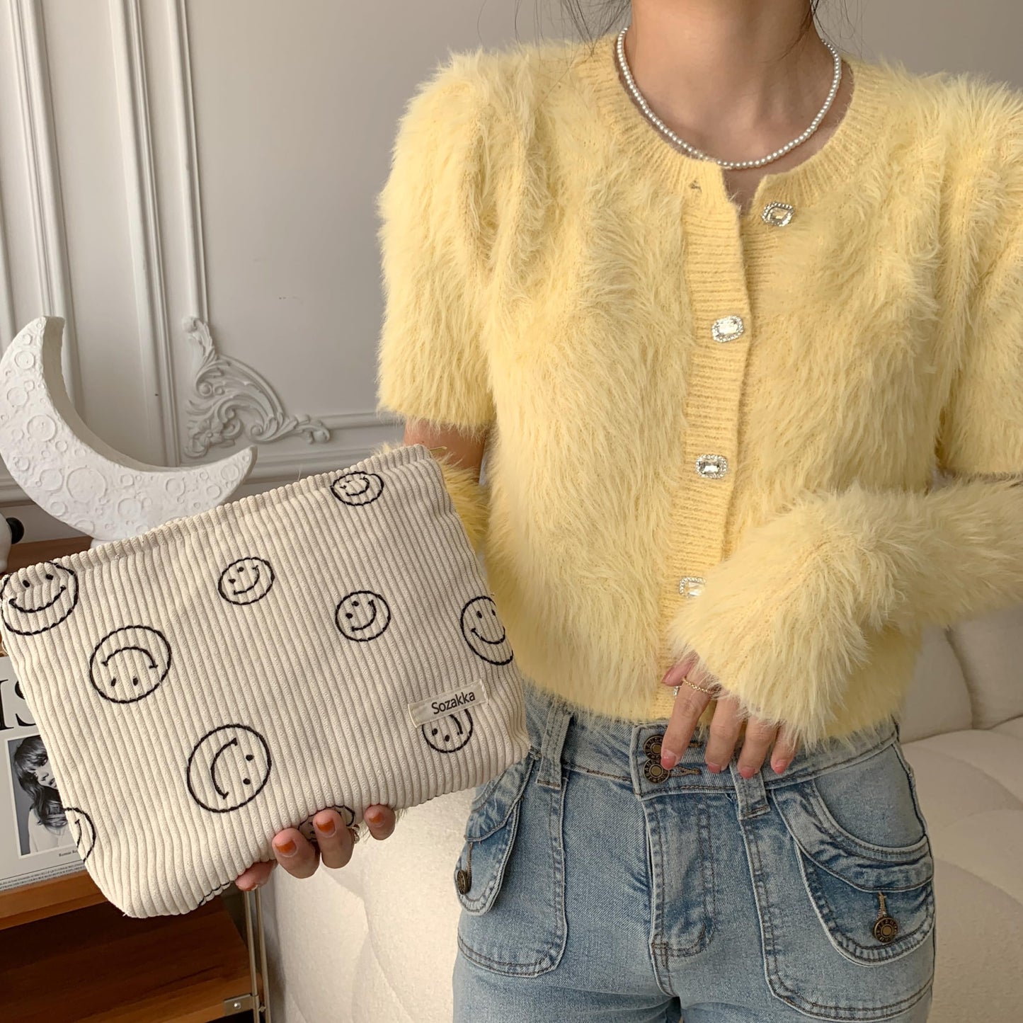 Corduroy Cosmetic Bag for Women – Aesthetic Makeup Organizer Pouch, Smile Dots Travel Storage Bag, Cute Handbag & Purse (Beige)