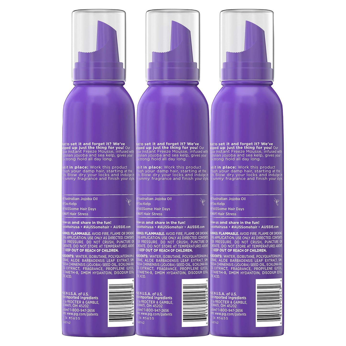 Aussie Mousse, with Jojoba & Sea Kelp, Instant Freeze, 24 Hour Hold, 6 fl oz, Triple Pack