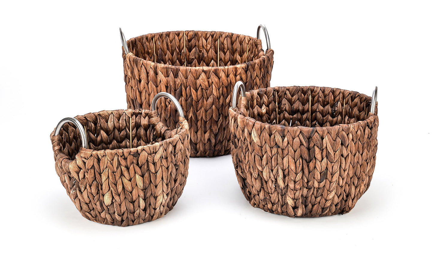 Trademark Innovations Set of 3 Round Hyacinth Baskets with Stainless Steel Handles-Rich Chocolate Finish