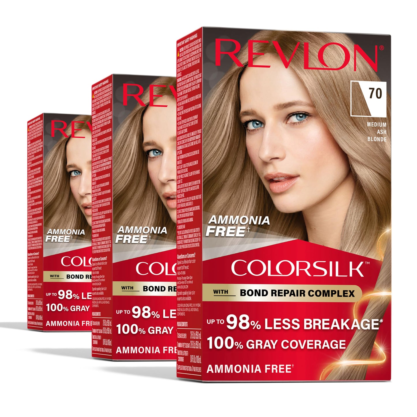 Revlon ColorSilk with Bond Repair Complex, Blonde Permanent Hair Color, 100% Gray Coverage, Ammonia Free Hair Dye, Vegan Keratin, 70 Medium Ash Blonde
