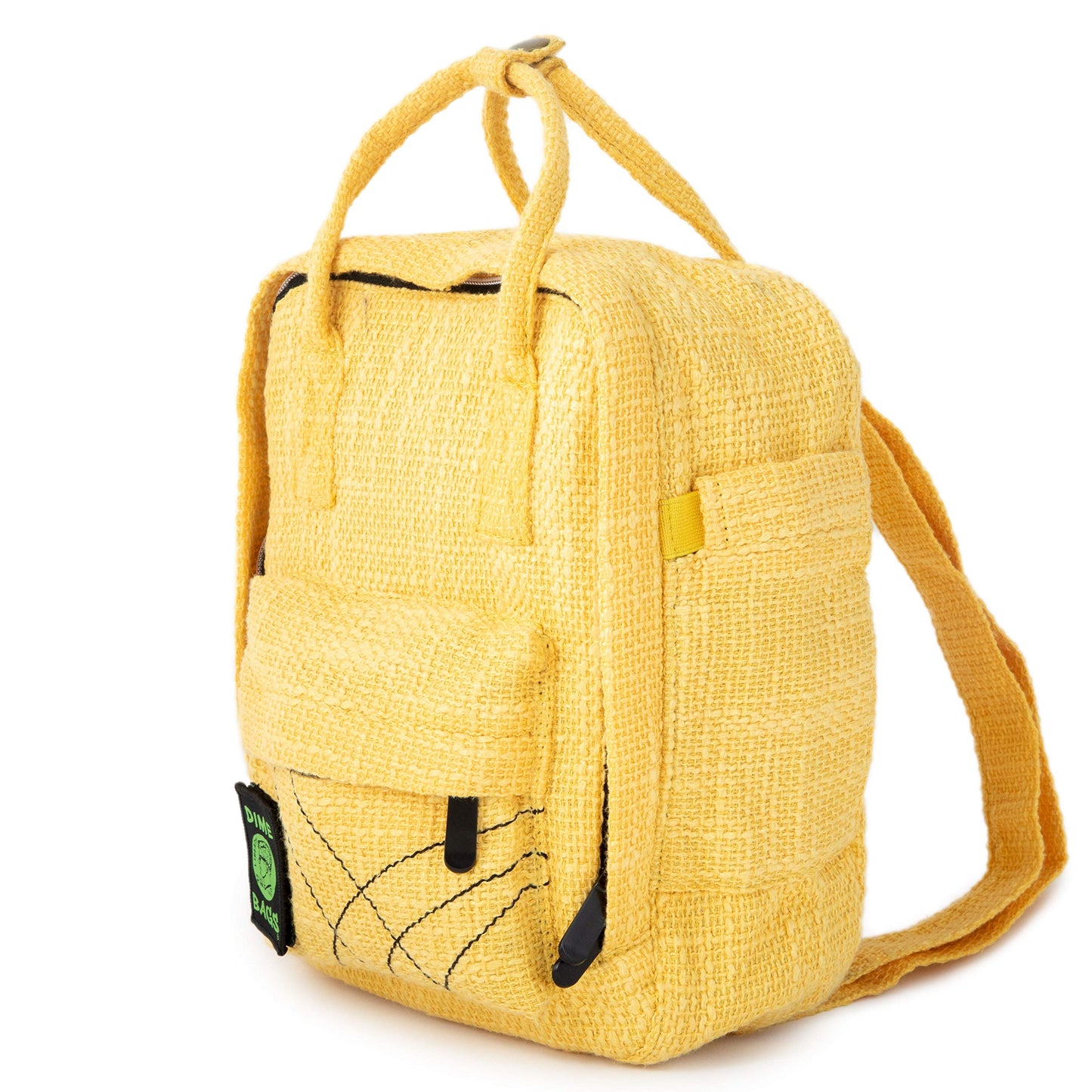 DIME BAGS Mini Backpack, Compact Lightweight Everyday Travel Bag with 7 Pockets, Durable Hempster Material, Adjustable Straps & Top Handle, Water Bottle Holders & Interchangeable Patch (Yellow)