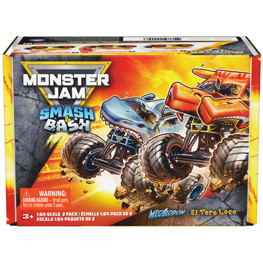 Monster Jam Smash & Bash 2-Pack – Megalodon & El Toro Loco 1:64 Die-Cast Repairable Monster Trucks, Kids Toys Ages 3+