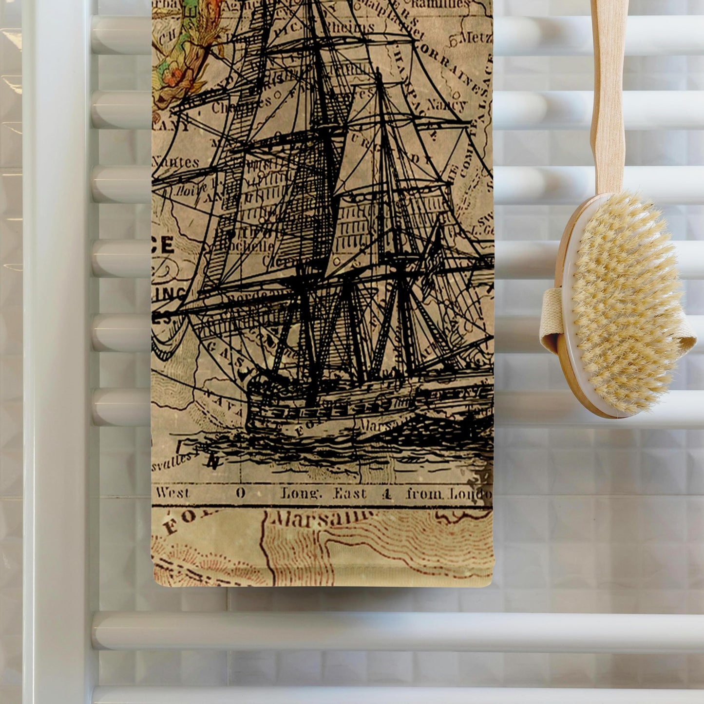 3D Rose TWL_243834_1 "Image of Black Ghost Ship On Vintage European Map Towel, 15" x 22"