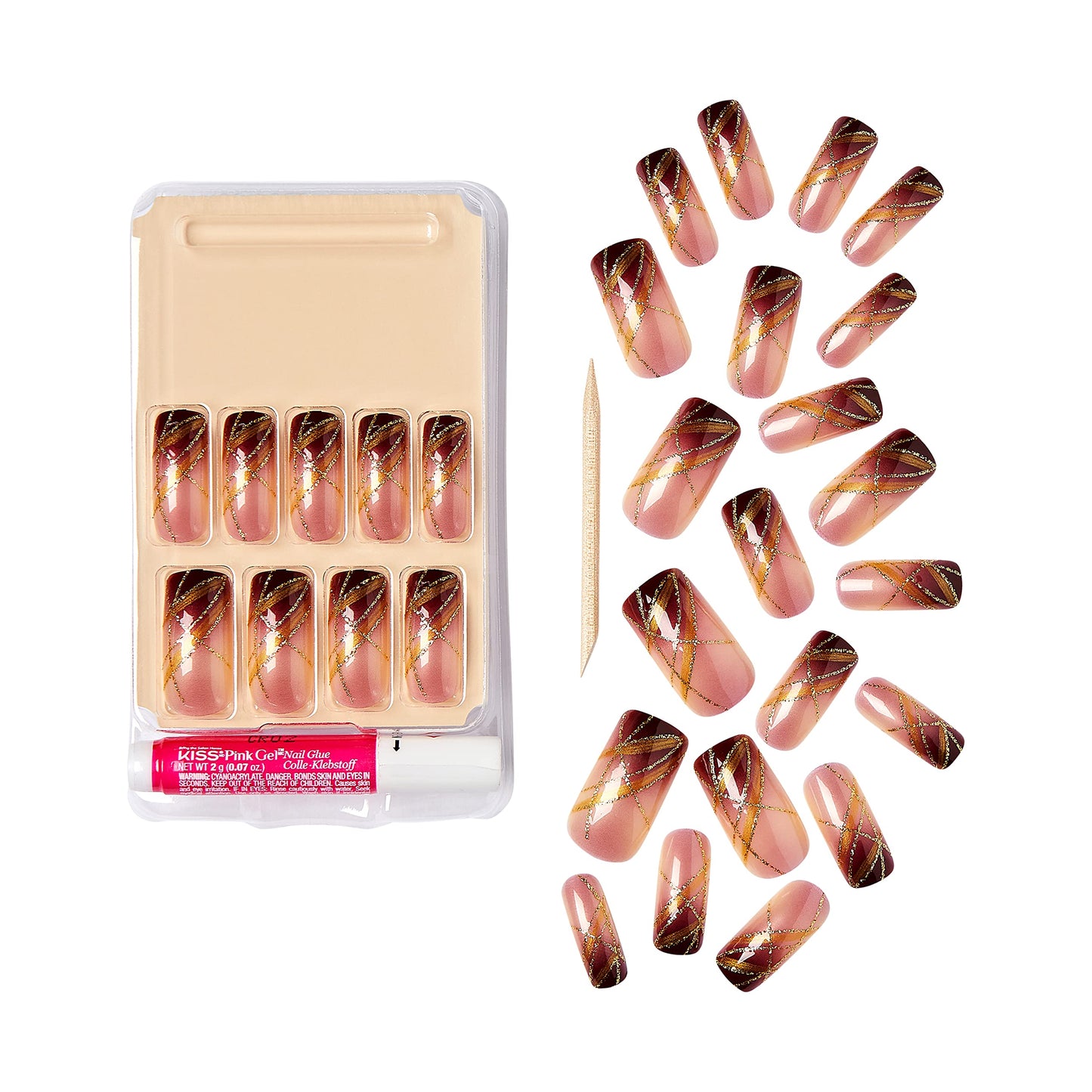 Gold Finger Gel Glam Press on Nail Dark Brown Glitter French Full Cover Luxurious Design, Square shape, Medium Length, MIni Glue Included GF64