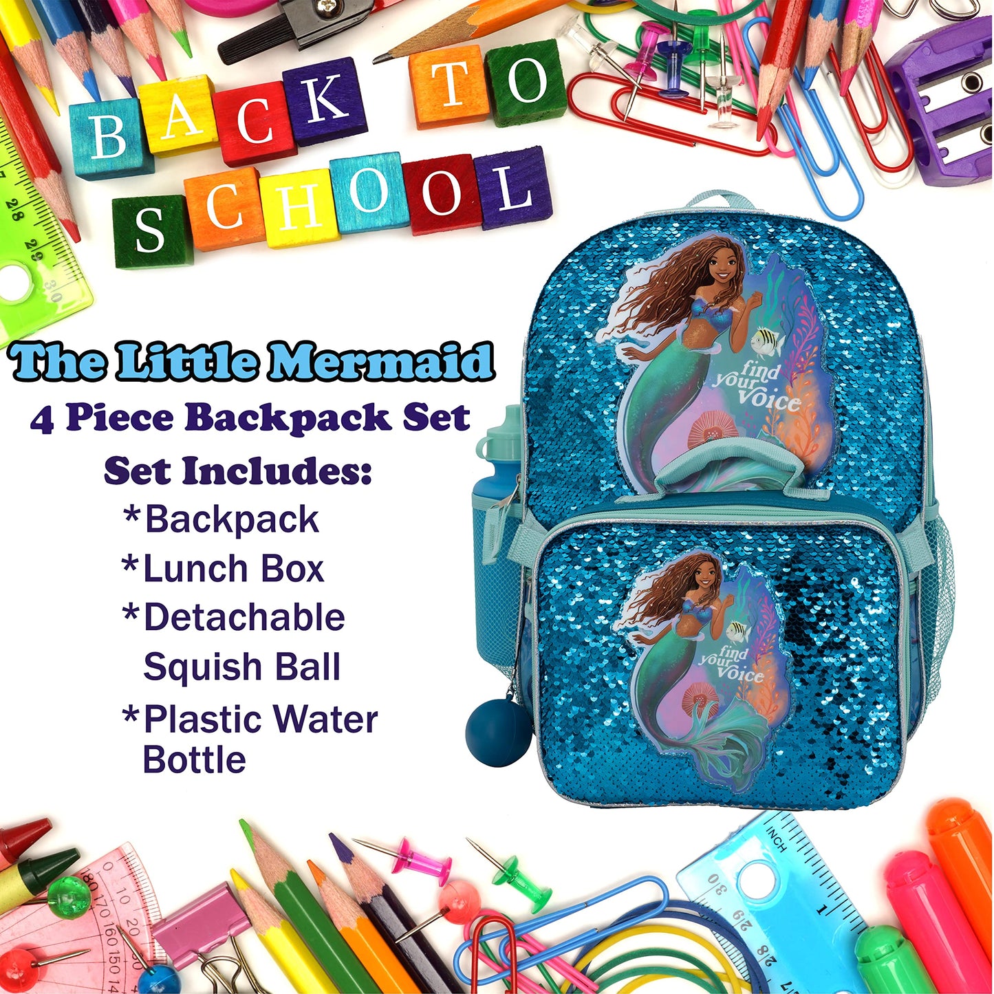 Disney The Little Mermaid Movie 4 Piece Backpack Set, Flip Sequin School Bag for Girls with Front Zip Pocket, Green