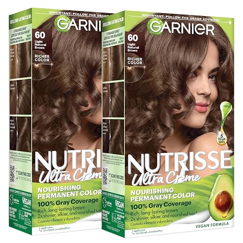 Garnier Nutrisse Ultra Crème Hair Color, Permanent Hair Dye with 100% Gray Coverage, Vegan & Cruelty-Free, 60 Light Natural Brown (Acorn), 2 Count