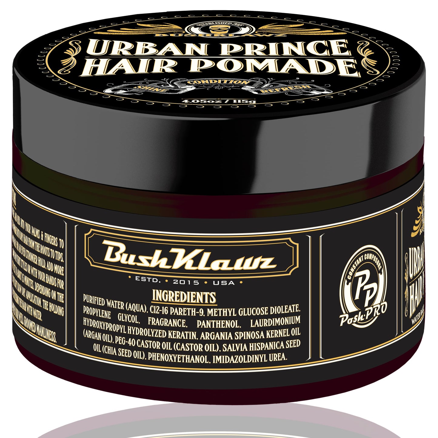BushKlawz Urban Prince Hair Pomade Water Based Firm Strong Hold Easy to Wash Out Gel Type for Tight Styles Men's Styling Product Barber Approved 115g