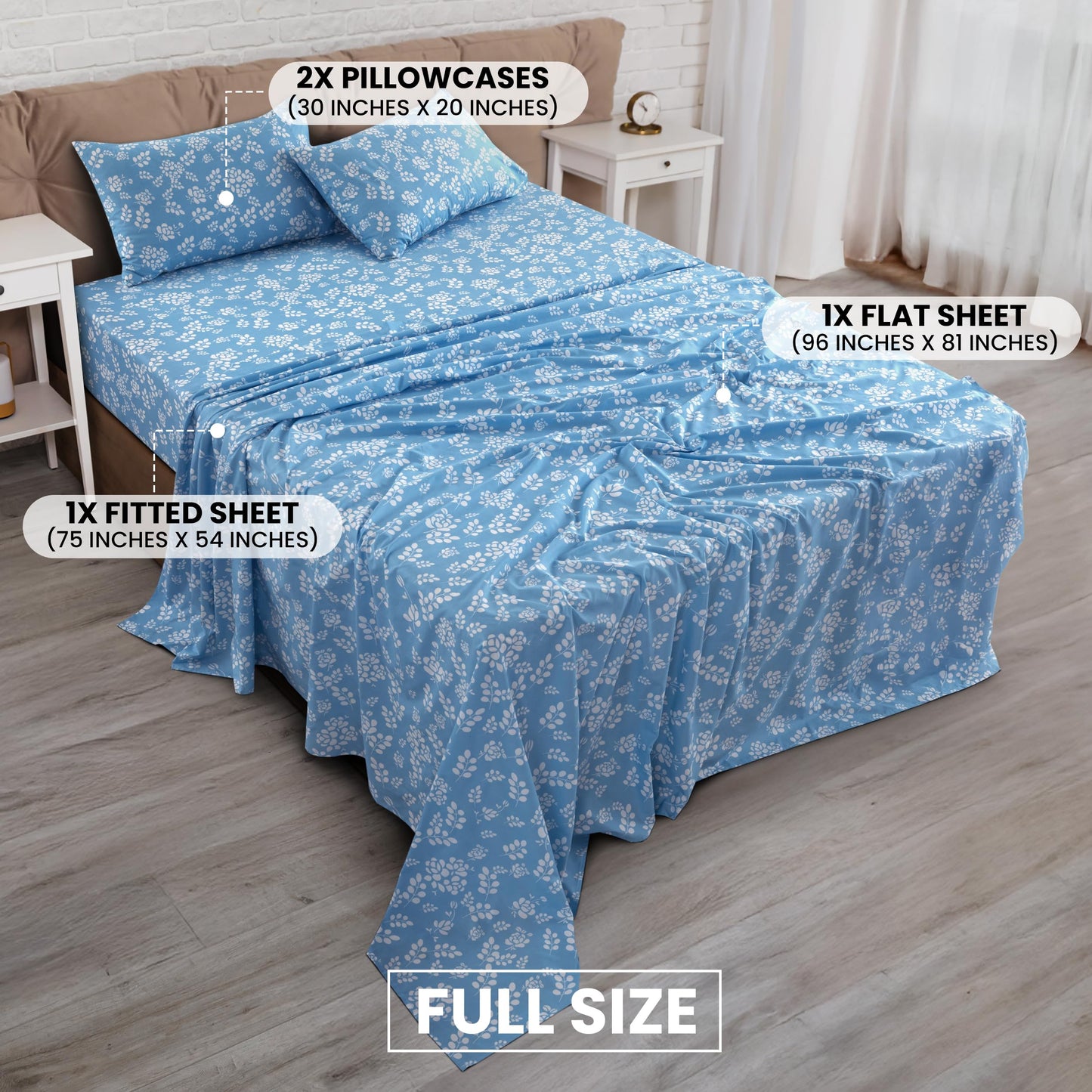 LDC Lux Decor Collection Bed Sheets Set, Full, Floral Blue, 4Pc, 1800 Count Microfiber, Deep Pocket, Wrinkle Resistant, Breathable