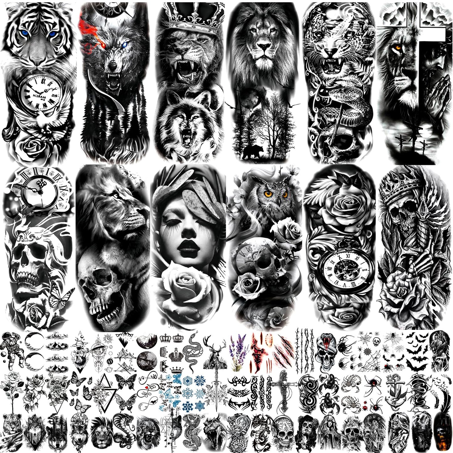 JEEFONNA 82 Sheets Temporary Tattoo for Men Women Adults, Include 12 Sheets Black 3D Half Sleeve Temporary Tattoos, Halloween Tattoos Scary Lion Wolf Beauty and Personal Care JEEFONNA Default Title
