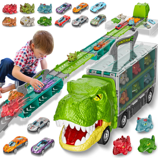 13-in-1 Dinosaur Toys Car Set – Transport Truck with Foldable Track & Race Mode, Includes 6 Dino Cars & 6 Race Cars for Kids Ages 3–6+