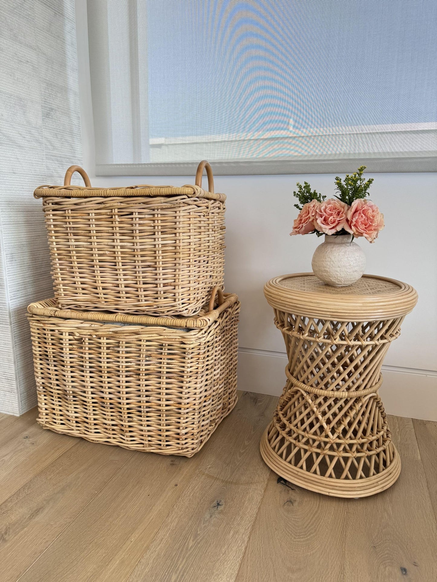 KOUBOO Rattan Core Rectangular Storage Basket, Wicker Basket with Lid, Living Room Basket, Toy Basket, Decorative Bin, Home Organizer, Natural