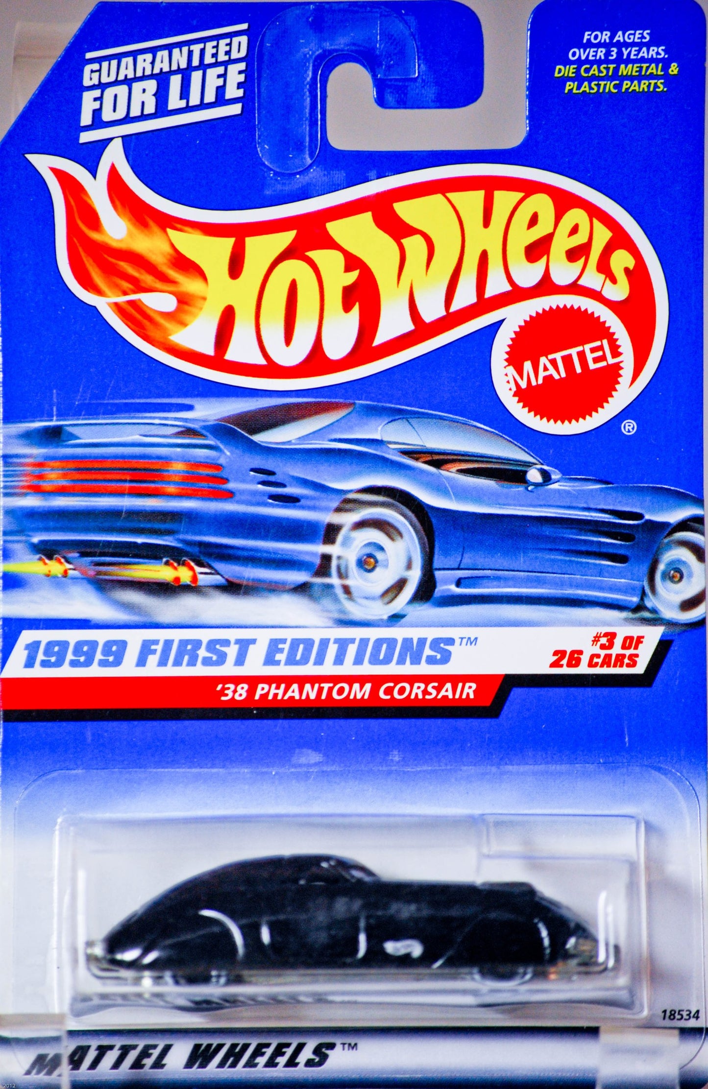 HOT Wheels Black '38 Phantom Corsair #656 1999 Gray interior First Editions Gray Logo White Wall 5 Spokes