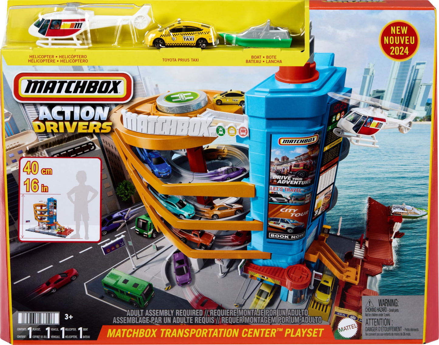 Matchbox 5-Level Transportation Center Playset with Car-Activated Features, Includes 1:64 Taxi, Boat, Helicopter & Food Vendor, Kids Toy Vehicles