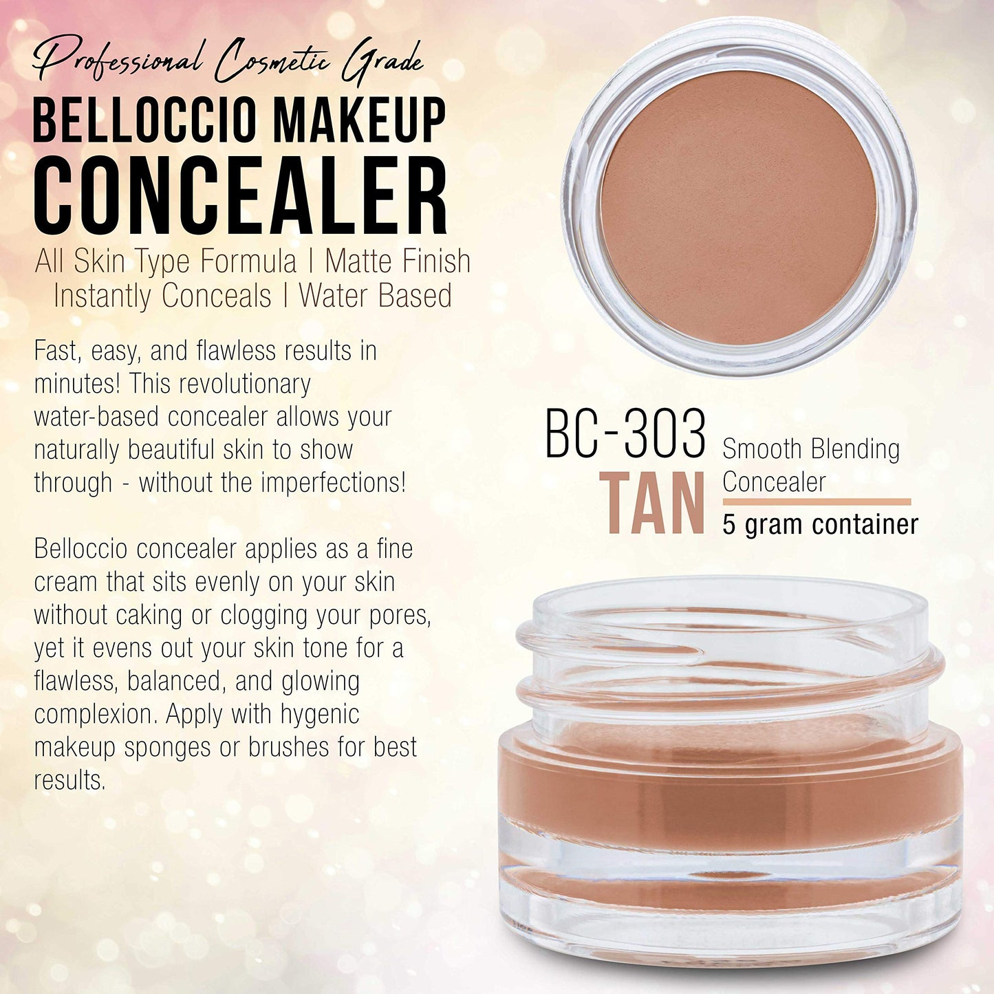 Belloccio High Definition Tan Shade Makeup Concealer 5 gram Jar - Conceal Imperfections, Hide Blemishes, Dark Under Eye Circles, Cosmetic Cream - Use