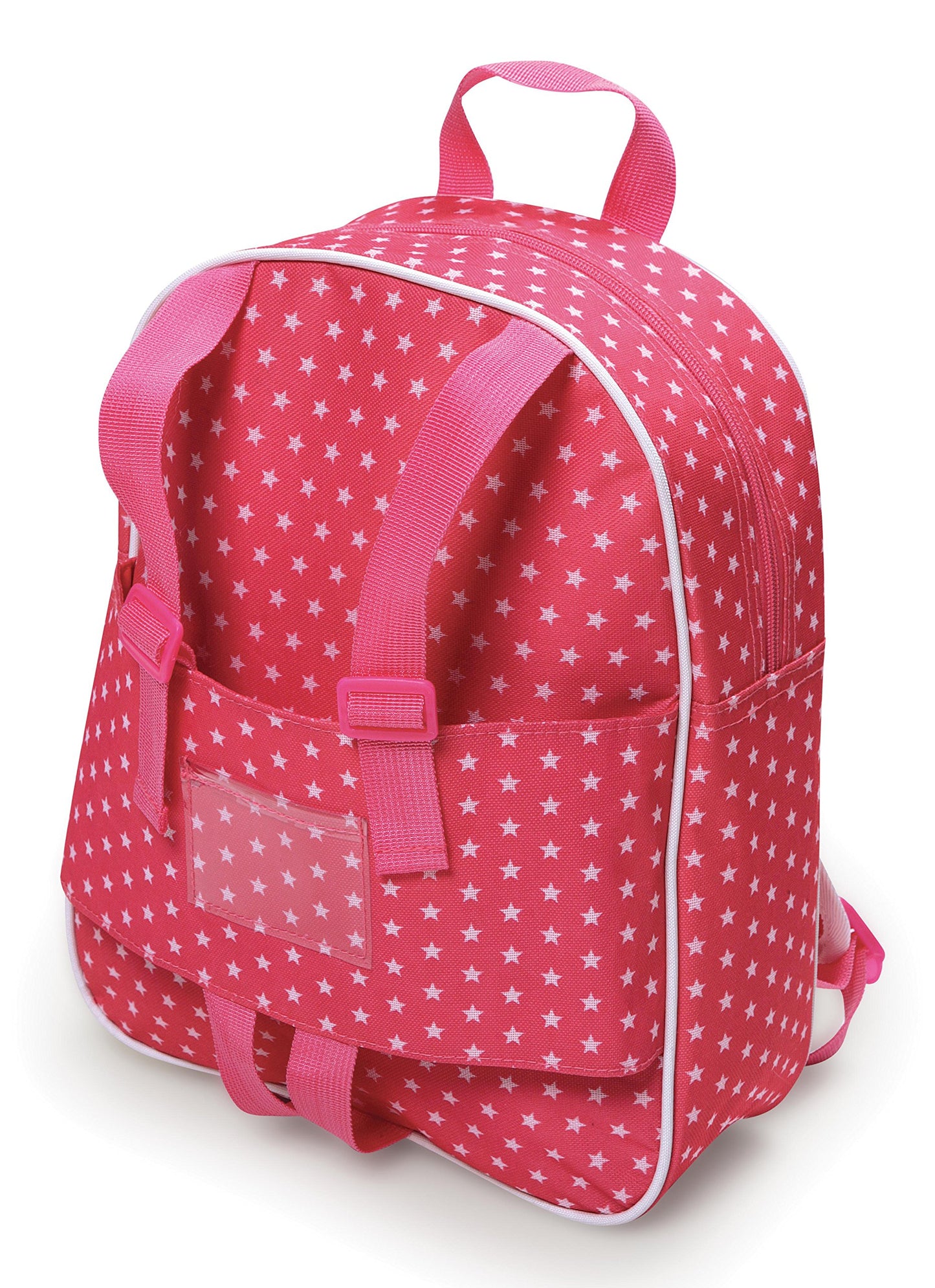 Badger Basket Doll Travel Backpack for Dolls - Stylish, Durable Carrying Case with Clear Storage Pockets - Best for On-the-Go Play and Doll Accessories - Design in Pink & White Stars