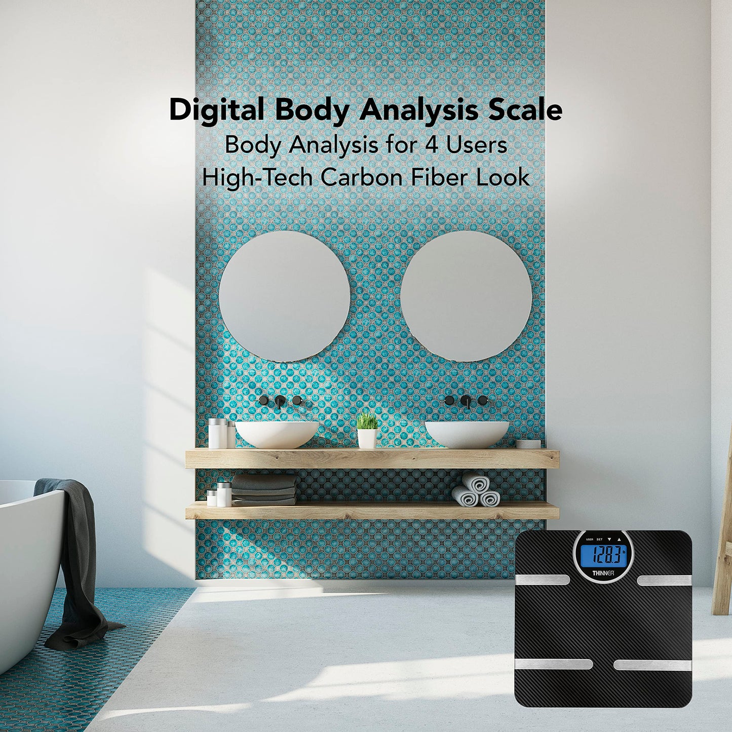 Thinner by Conair Scale for Body Weight, Digital Bathroom Scale with Body Fat, Muscle and BMI in Black