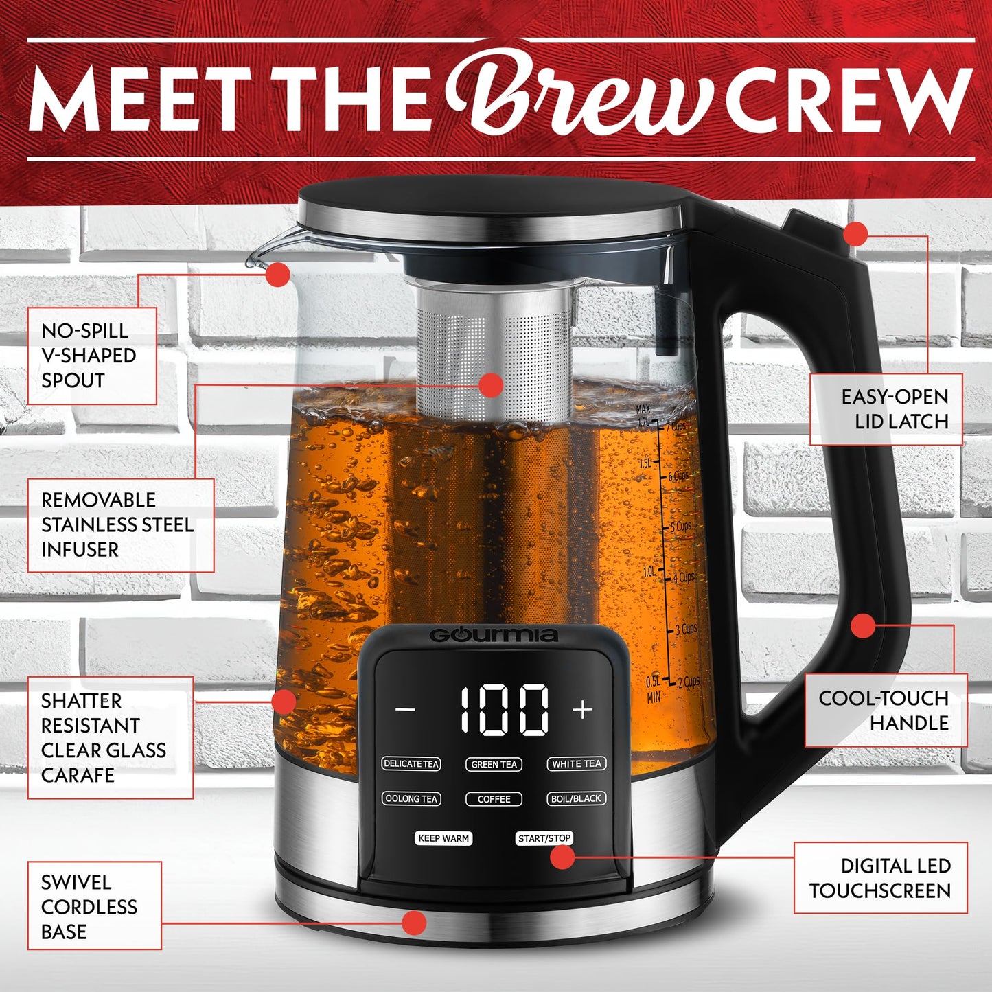 Gourmia Electric Programmable Glass Kettle - 1.7L Temperature Control Tea & Coffee Kettle with Digital Touch Display, 6 Presets, Keep Warm, Removable…