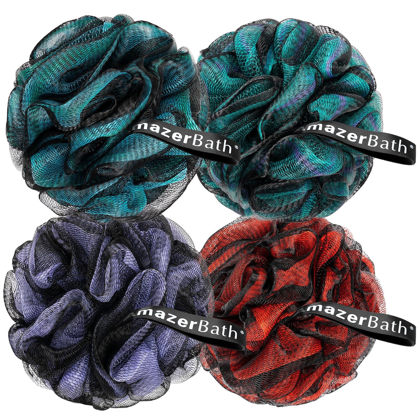 AmazerBath Charcoal Loofah Sponge, Large Shower Loofah 75g/PCS - Body Scrubber Loofa Set of 4 - Charcoal Blue, Green, Purple & Red, Bath Sponge Beauty and Personal Care AmazerBath Default Title