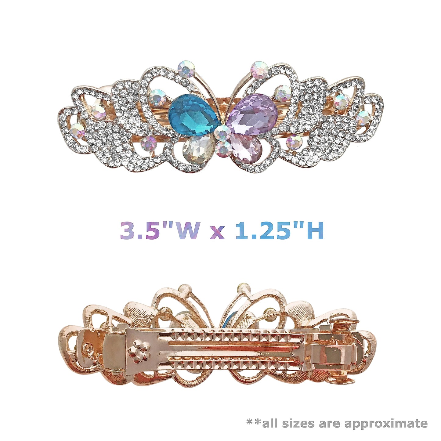 Rhinestone Crystal Barrettes - Set of 2 - Jeweled Butterfly Hair Clips - 1 with Blue Crystals and 1 with Mulit-Colored Crystals - Rose Gold Tone Metal