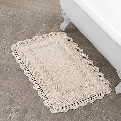Laura Ashley Absorbent Bath Mat Reversible Crochet Soft and Plush Bathroom Mat 100% Cotton21x34 Bath Rug, Linen