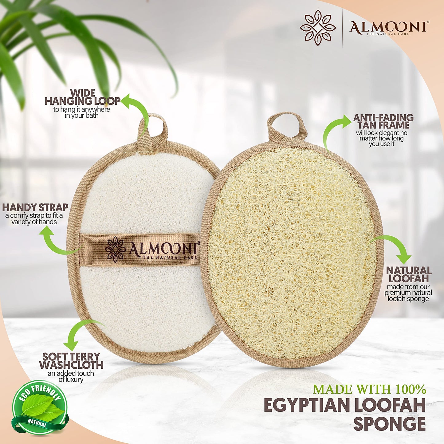Almooni Natural Loofah Exfoliating Body Scrubber, Made with Natural Egyptian Shower Loofah Sponge, Bath Shower Loofah Sponge for Women and Men,