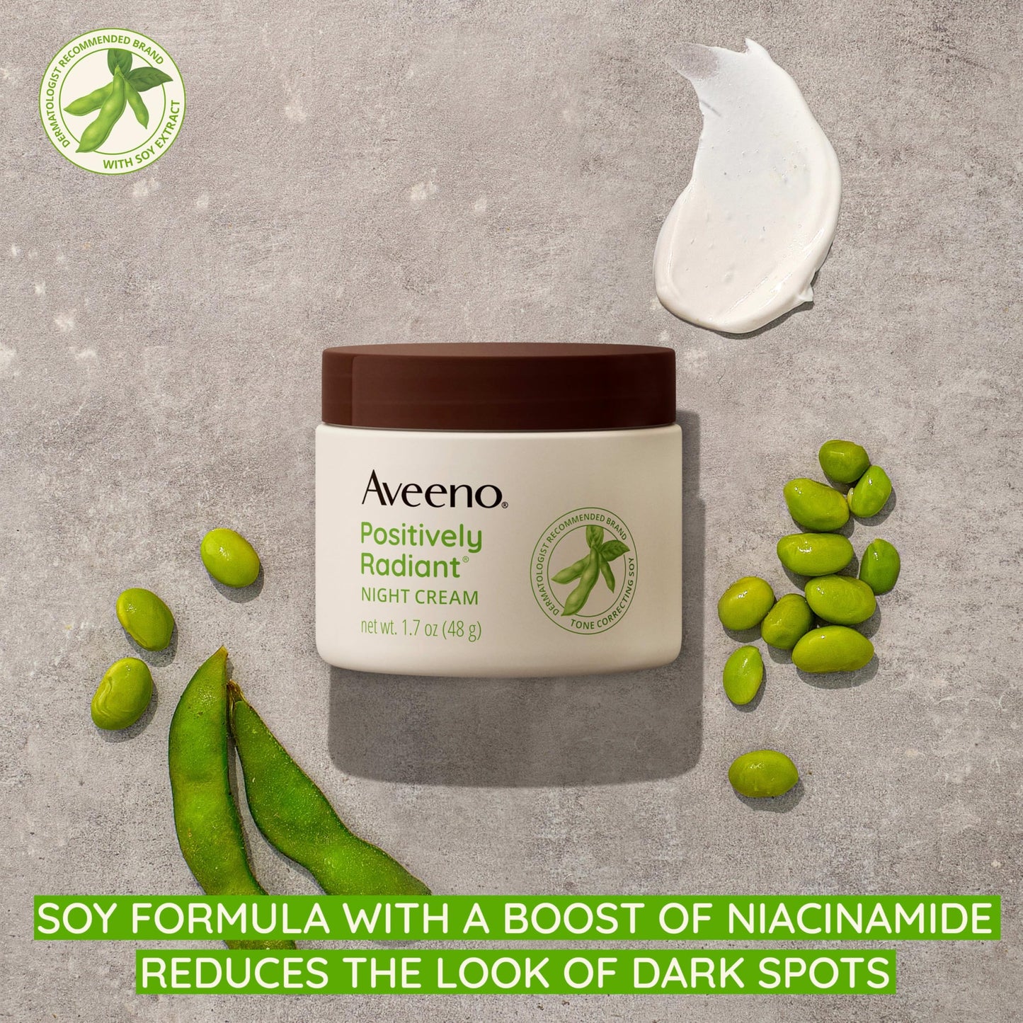 Aveeno Positively Radiant Night Cream, 1.7oz – Face & Neck Moisturizer with Soy & Niacinamide to Brighten, Even Tone & Texture