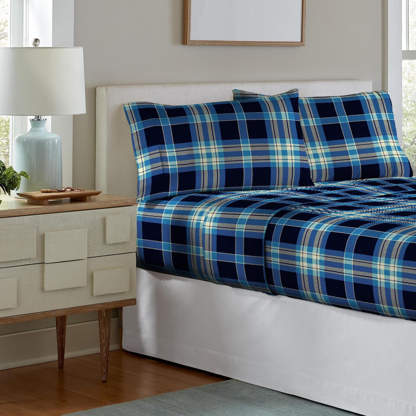 Pointehaven Flannel Deep Pocket Set with Oversized Flat Sheet, Queen, Ashby Plaid