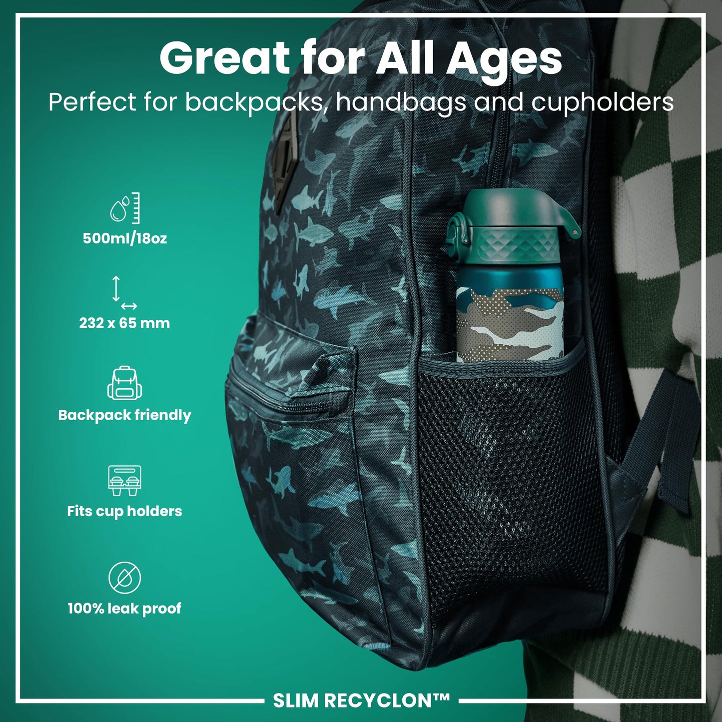 ION8 Water Bottle, 500 ml/18 oz, Leak Proof, Easy to Open, Secure Lock, Dishwasher Safe, BPA Free, Flip Cover, Carry Handle, Fits Cup Holders, Easy