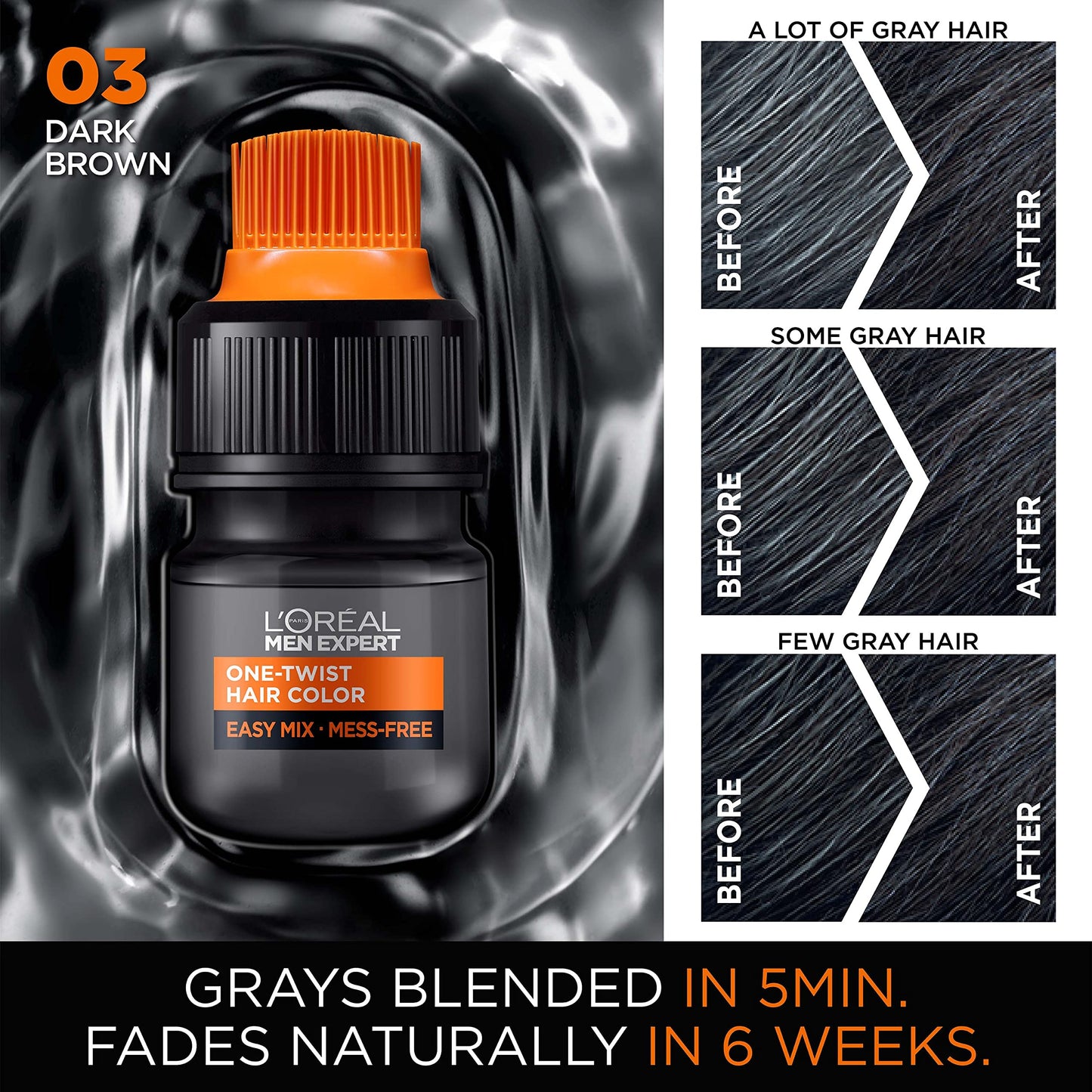 L’Oreal Paris Men Expert One Twist Mess Free Permanent Hair Color, Mens Hair Dye to Cover Grays, Easy Mix Ammonia Free Application, Dark Brown 03, 2